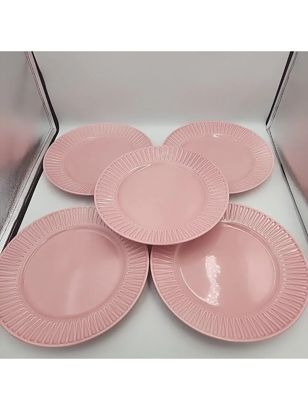 Set Of 5 Ikea Pink Ceramic Dinner Plate Ribbed Edges 10.75
